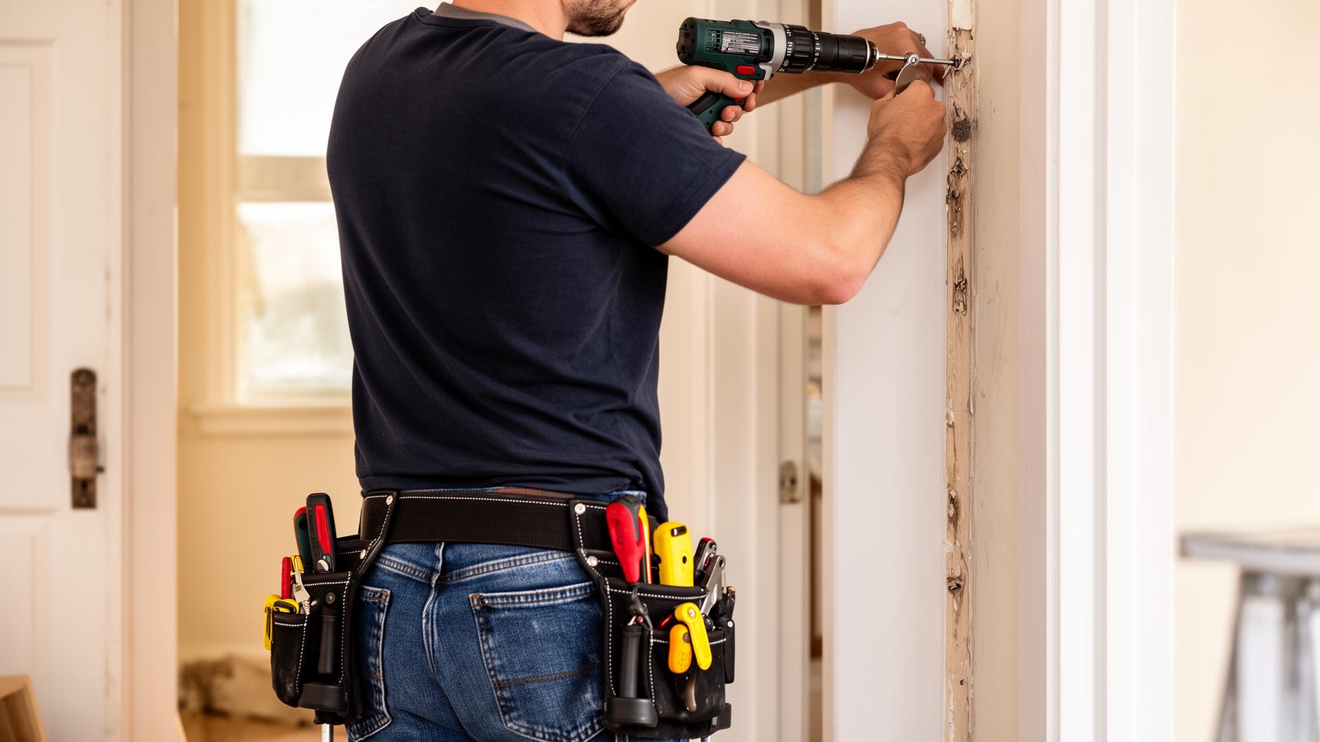 Handyman at work installing hardware